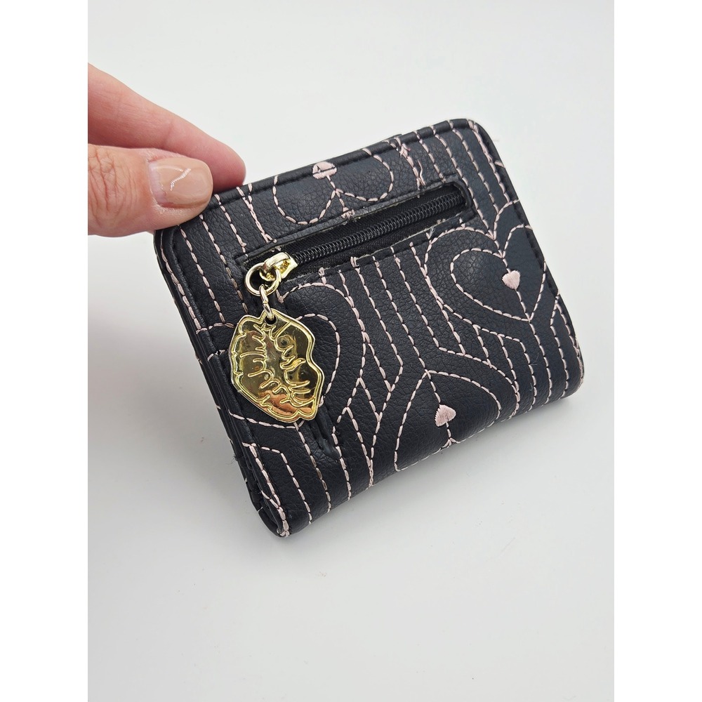 Luv Betsey Johnson Heart Embroidered Bifold Wallet Black Pink Lip Charm